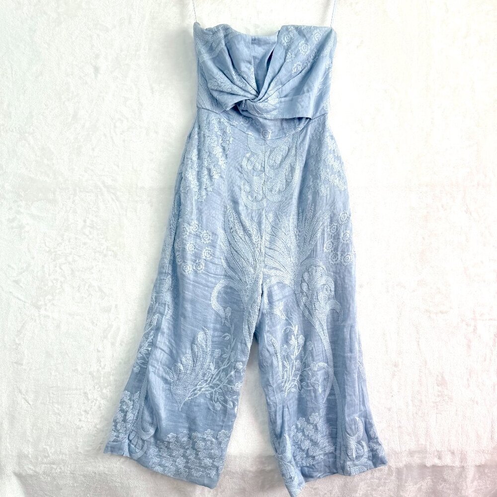 Anthropologie Aijek Natalia Jumpsuit Pants Womens 1 XS Blue Floral Embroidered